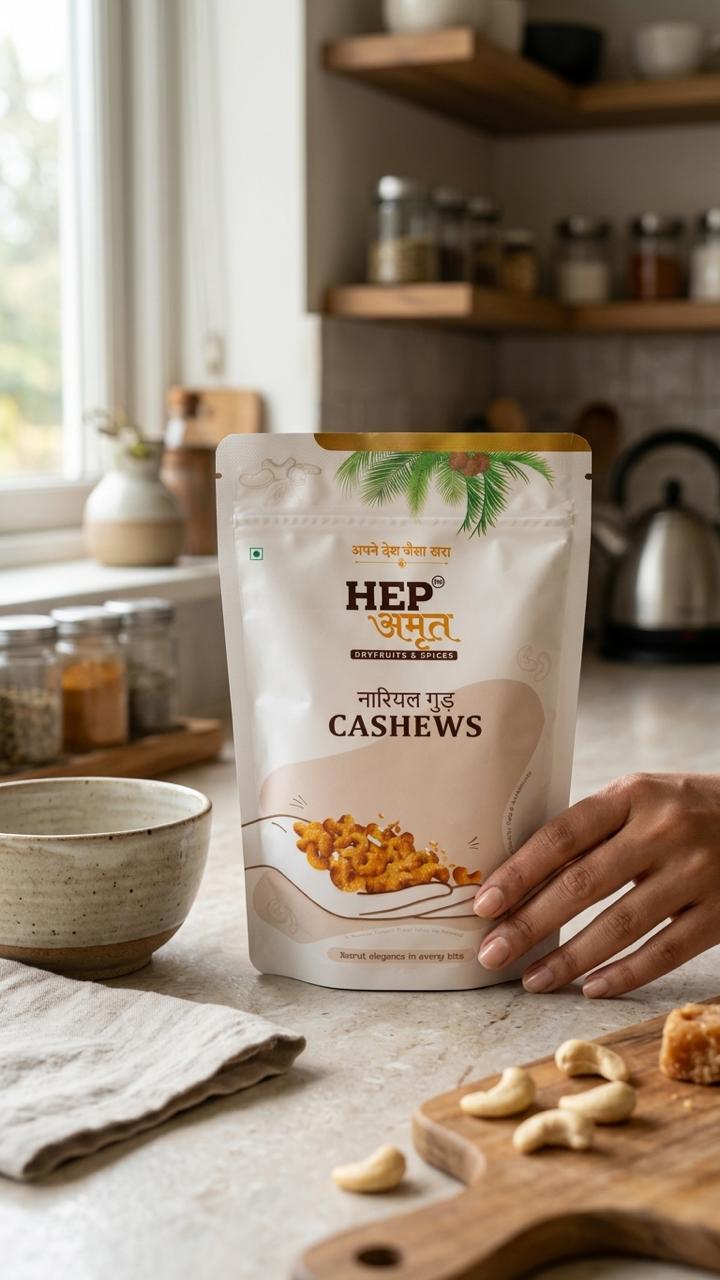 Nariyal Gud Cashews & Almonds | Healthy Gud  Coated Dry Fruits | HEP Amrut