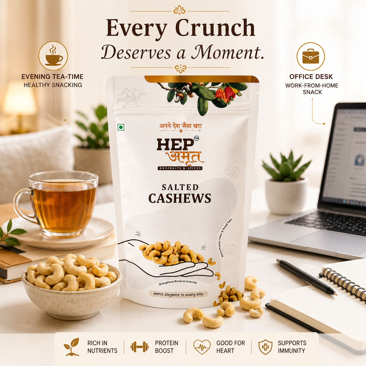 HEP Amrut Salted Cashews Usage snacking lifestyle image