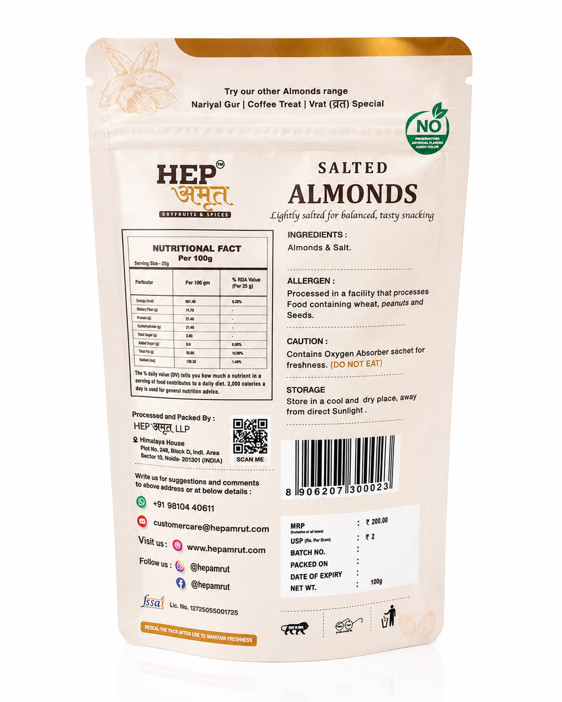HEP Amrut Salted Almonds Back side Product
