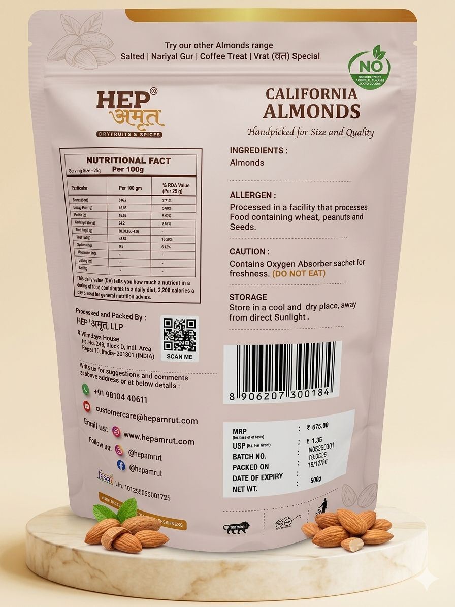 Buy HEP Amrut California Almonds Online in India Premium Healthy Snack nutritional info and Ingredients

