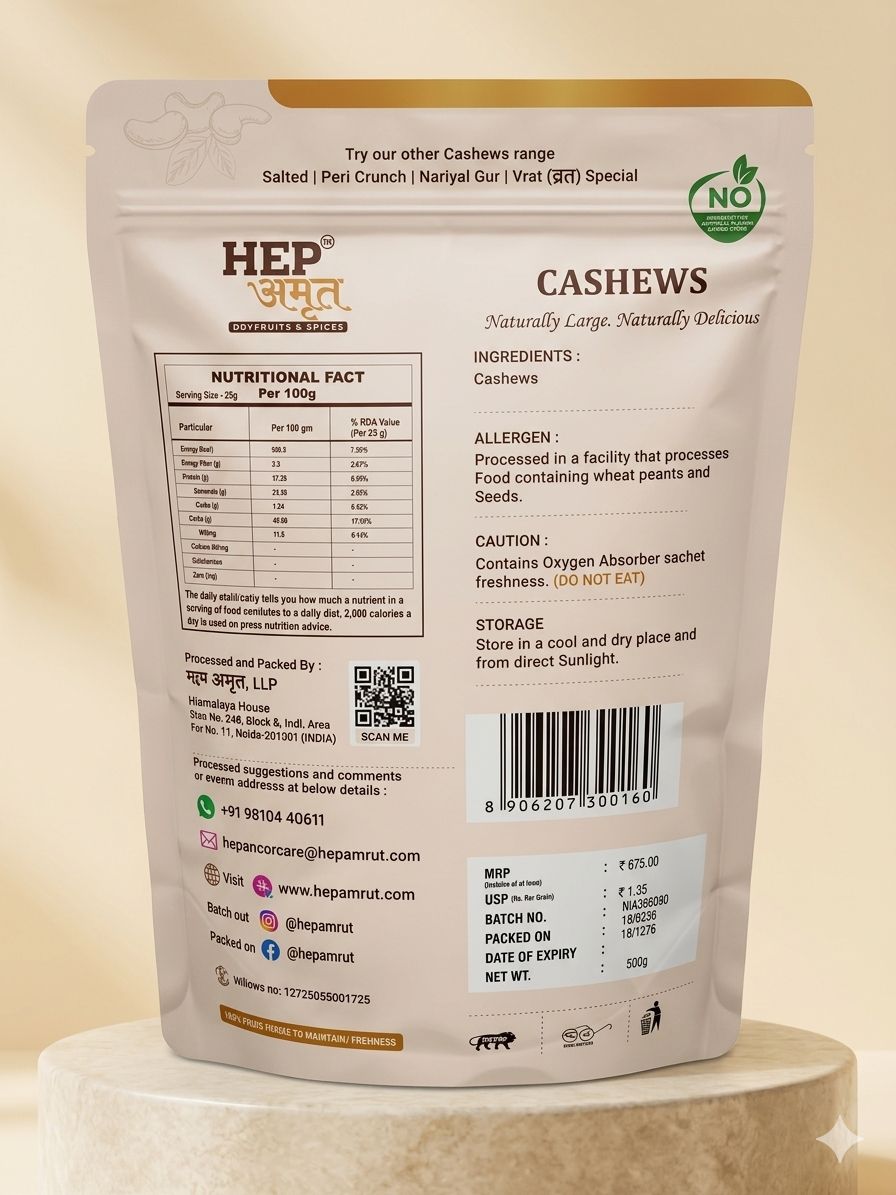 Buy HEP Amrut Cashews Online in India Premium Quality nutritional facts and ingredients 