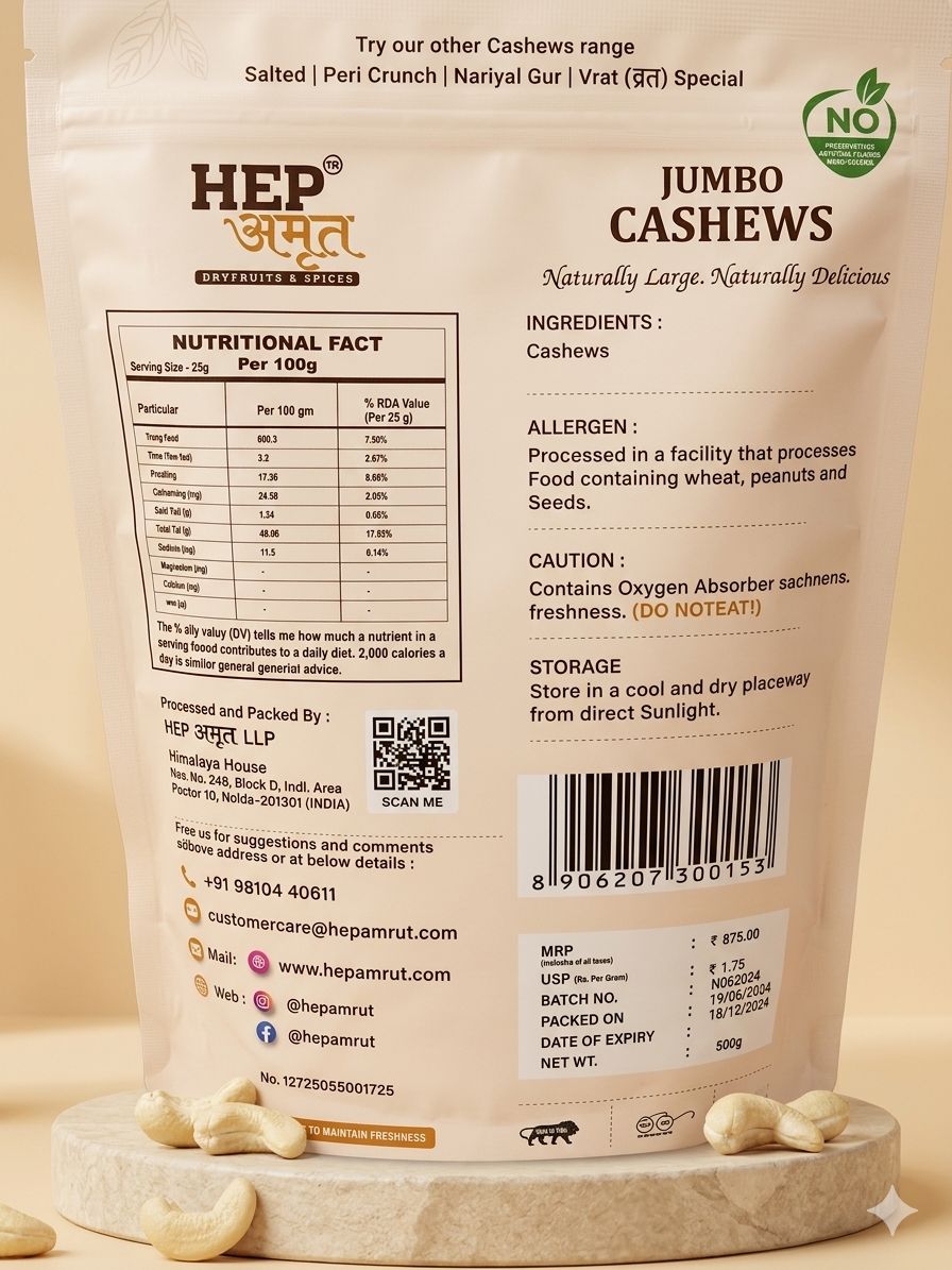 Buy HEP Amrut Jumbo Cashews Online in India Large Premium Quality nutritional facts and ingredients 