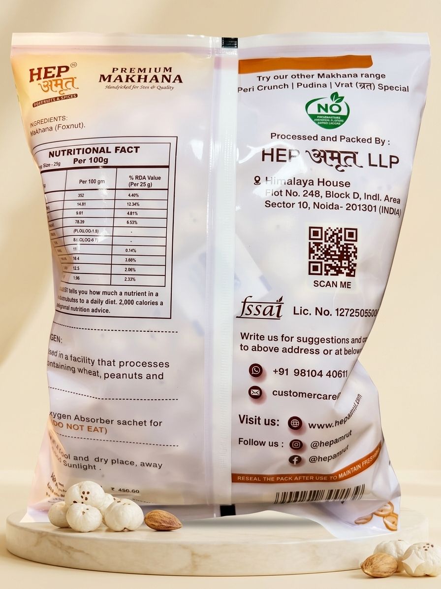 Buy HEP Amrut Premium Makhana Online in India Large Crunchy Foxnuts nutritional facts and ingredients 